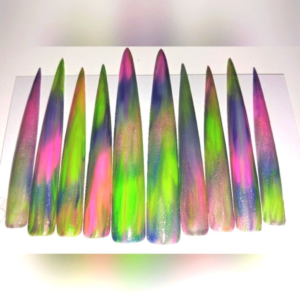 Hand crafted custom luminous tie dy10pc xxxl long acrylic presson nails sz Large